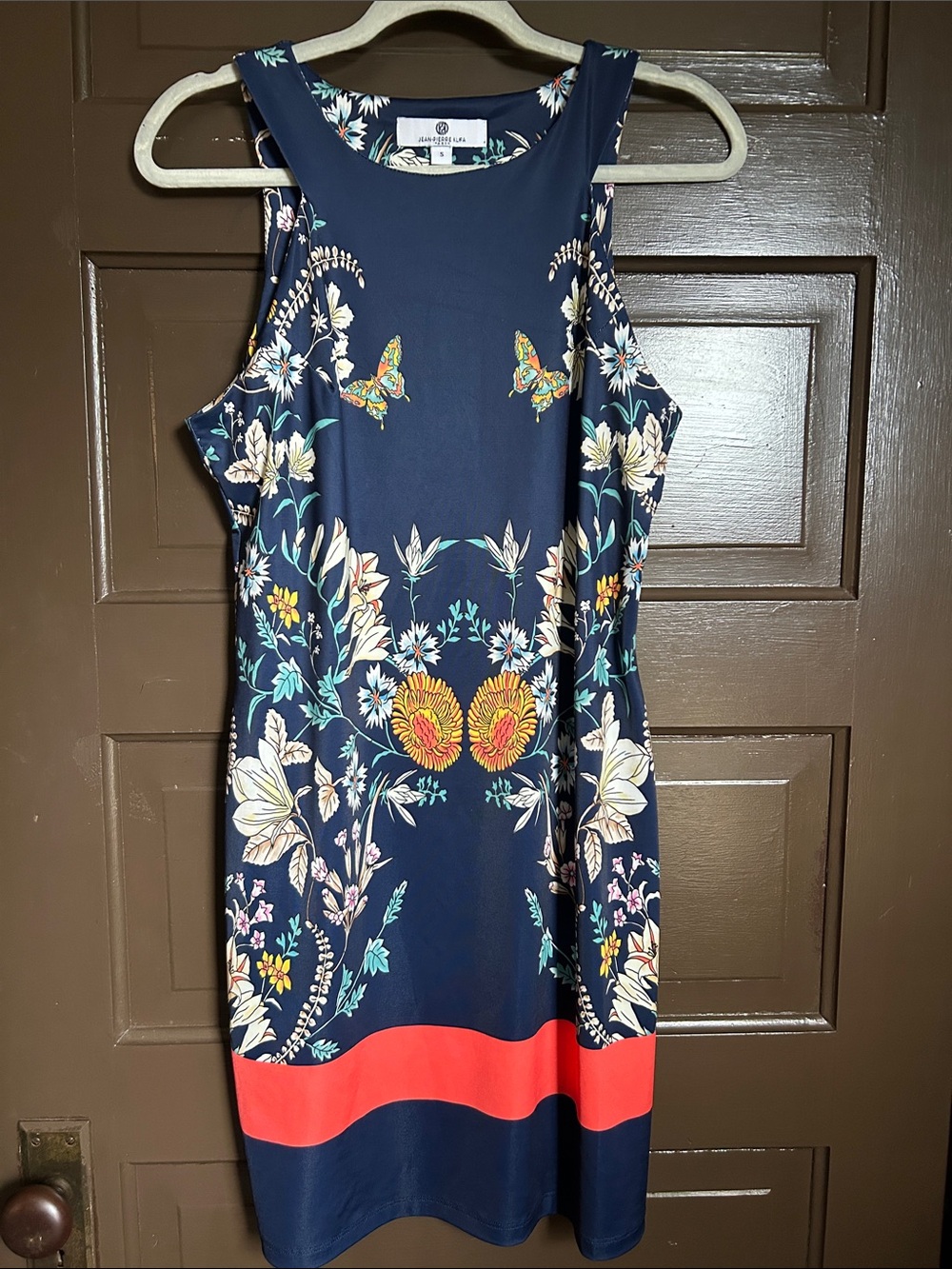 Jean-Pierre Klifa Navy Floral Shift Dress with Coral Hem; small